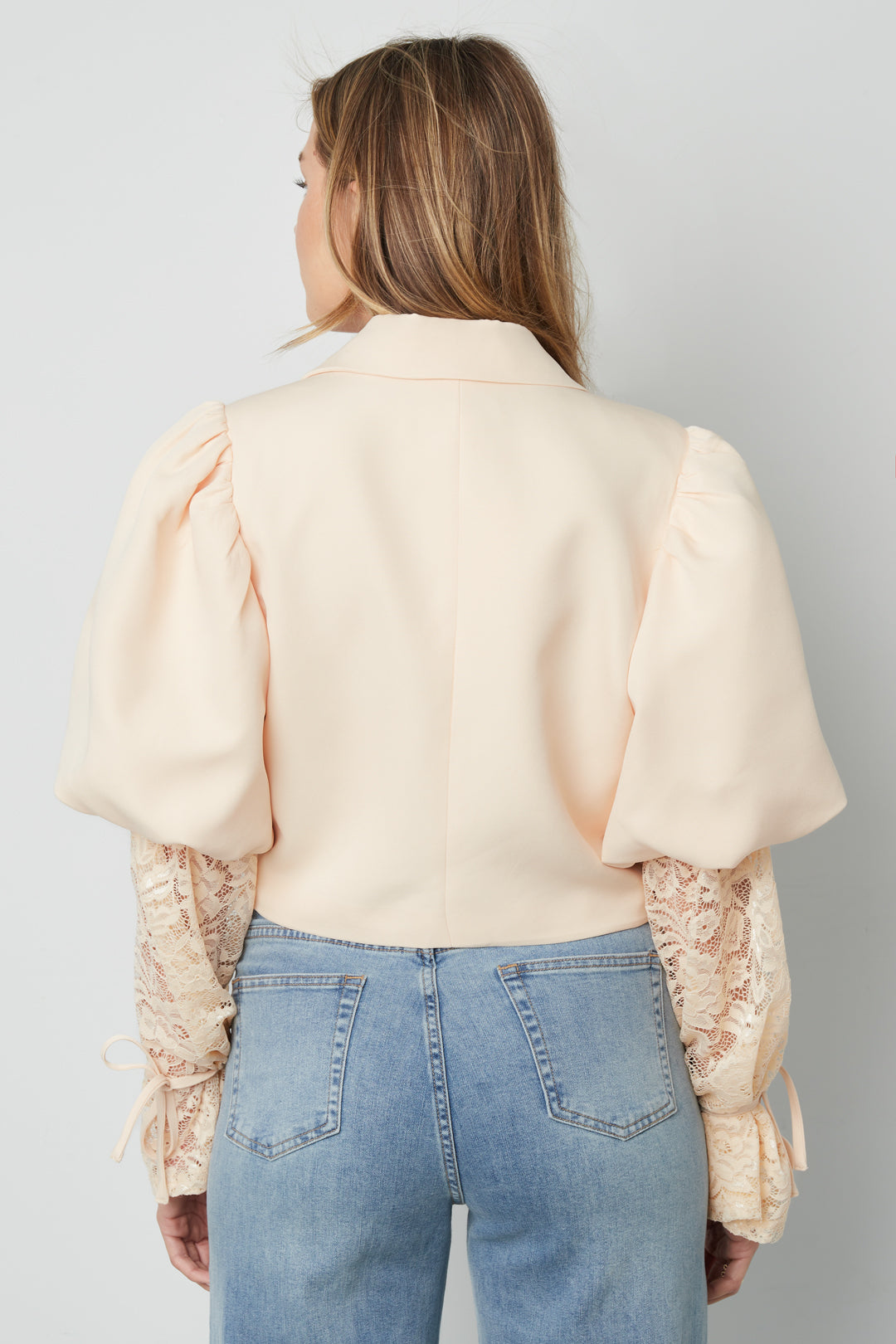 damen blazer puffärmel & spitze | baumwolle | hellrosa