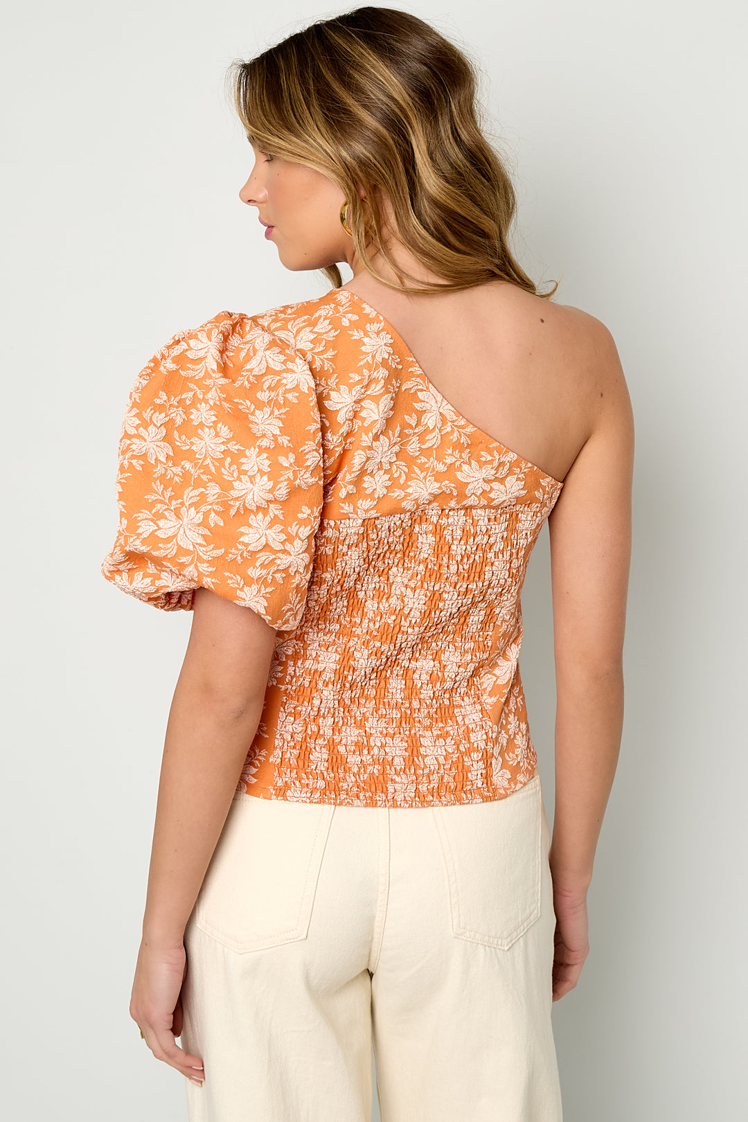 einseitig schulterfreies blumen-top