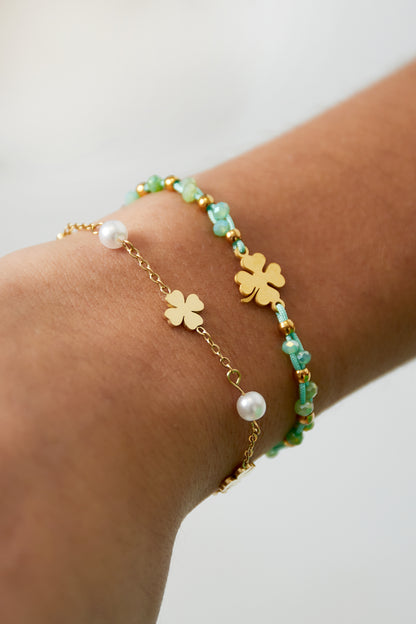 Armband Perle und Kleeblatt - Goldfarben
