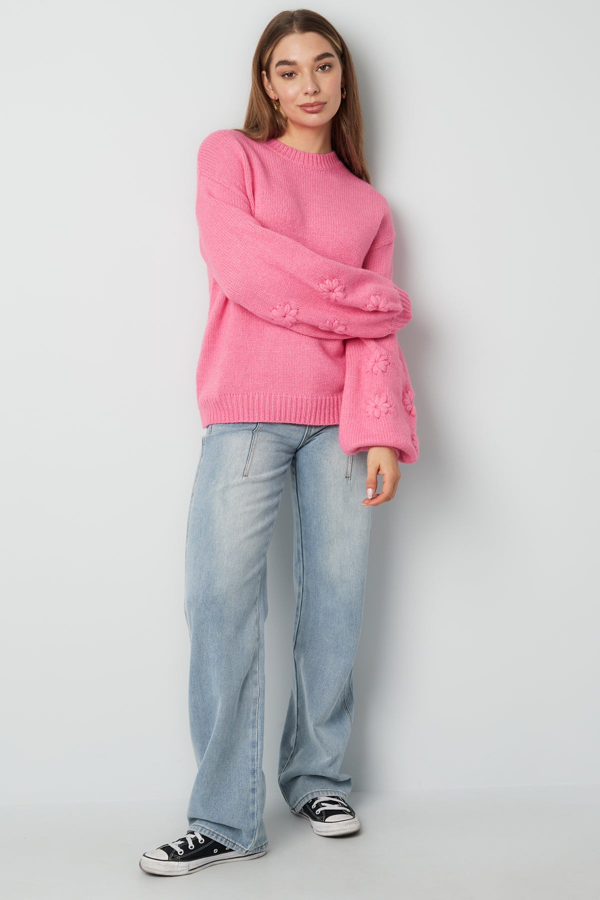 damen pullover oversize blumenapplikation | wollmischung | mehrfarbig