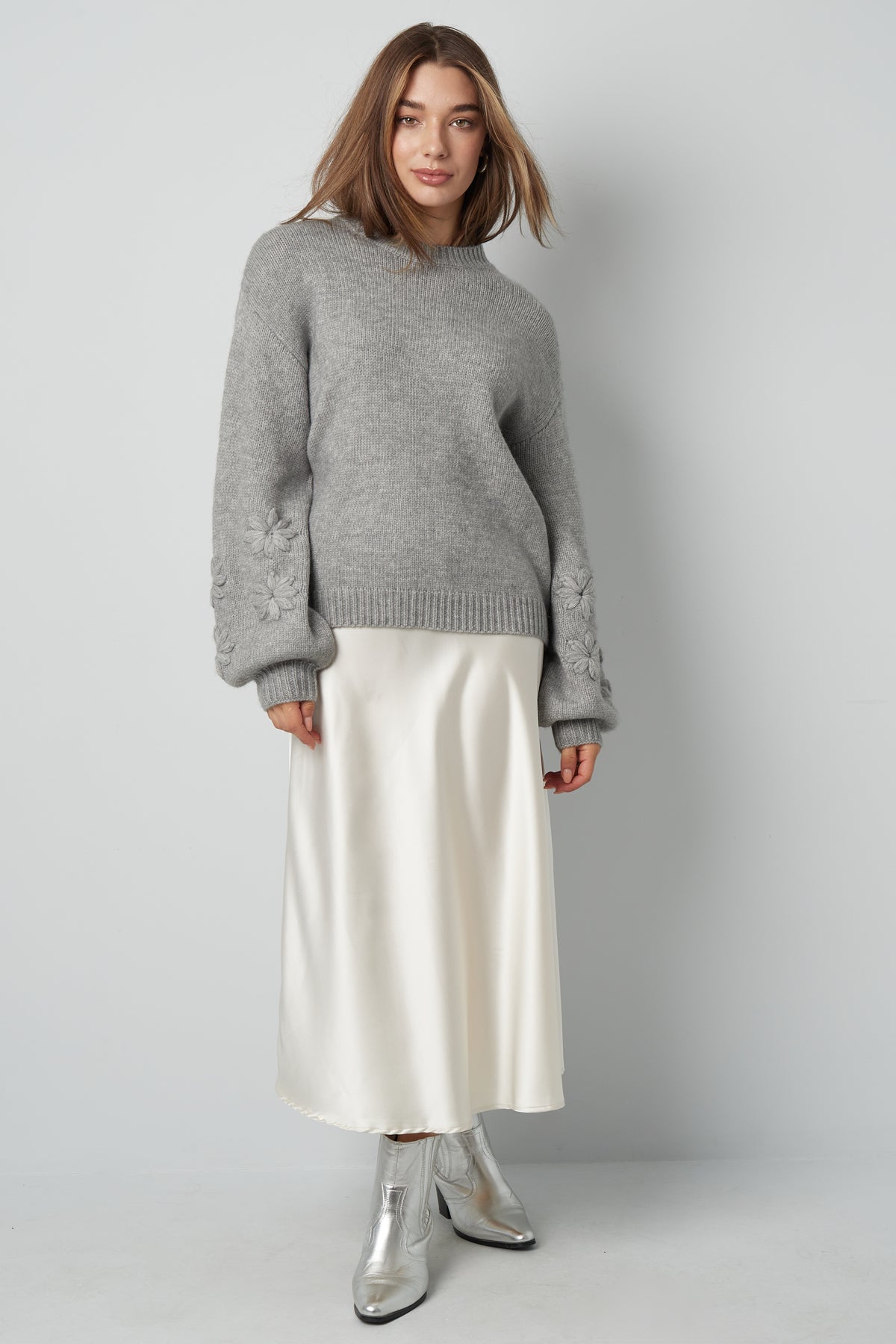 Damen Pullover Oversize Blumenapplikation | Wollmischung | Mehrfarbig