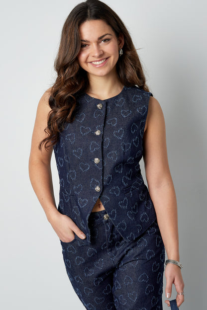 Damen Top Herzmuster Knopfleiste | Baumwolle | Blau