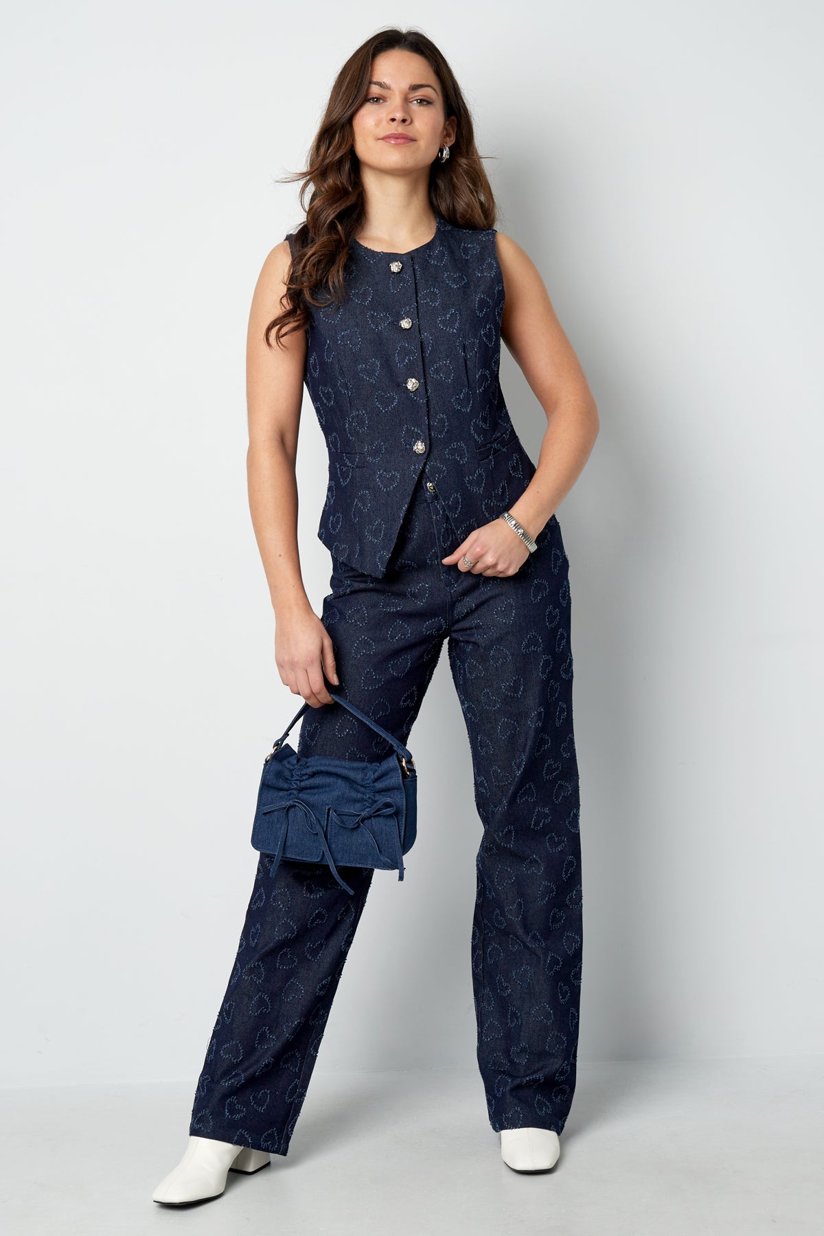 Damen Top Herzmuster Knopfleiste | Baumwolle | Blau