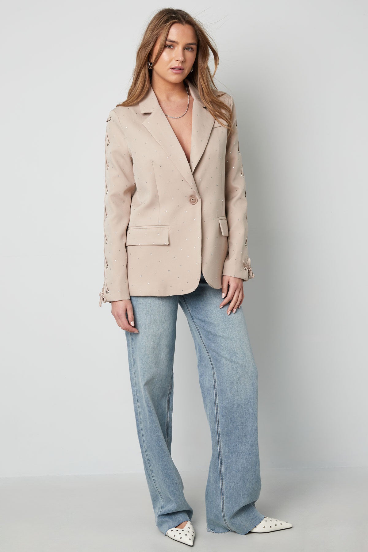 damen blazer set | schnürmanchetten | lila & beige