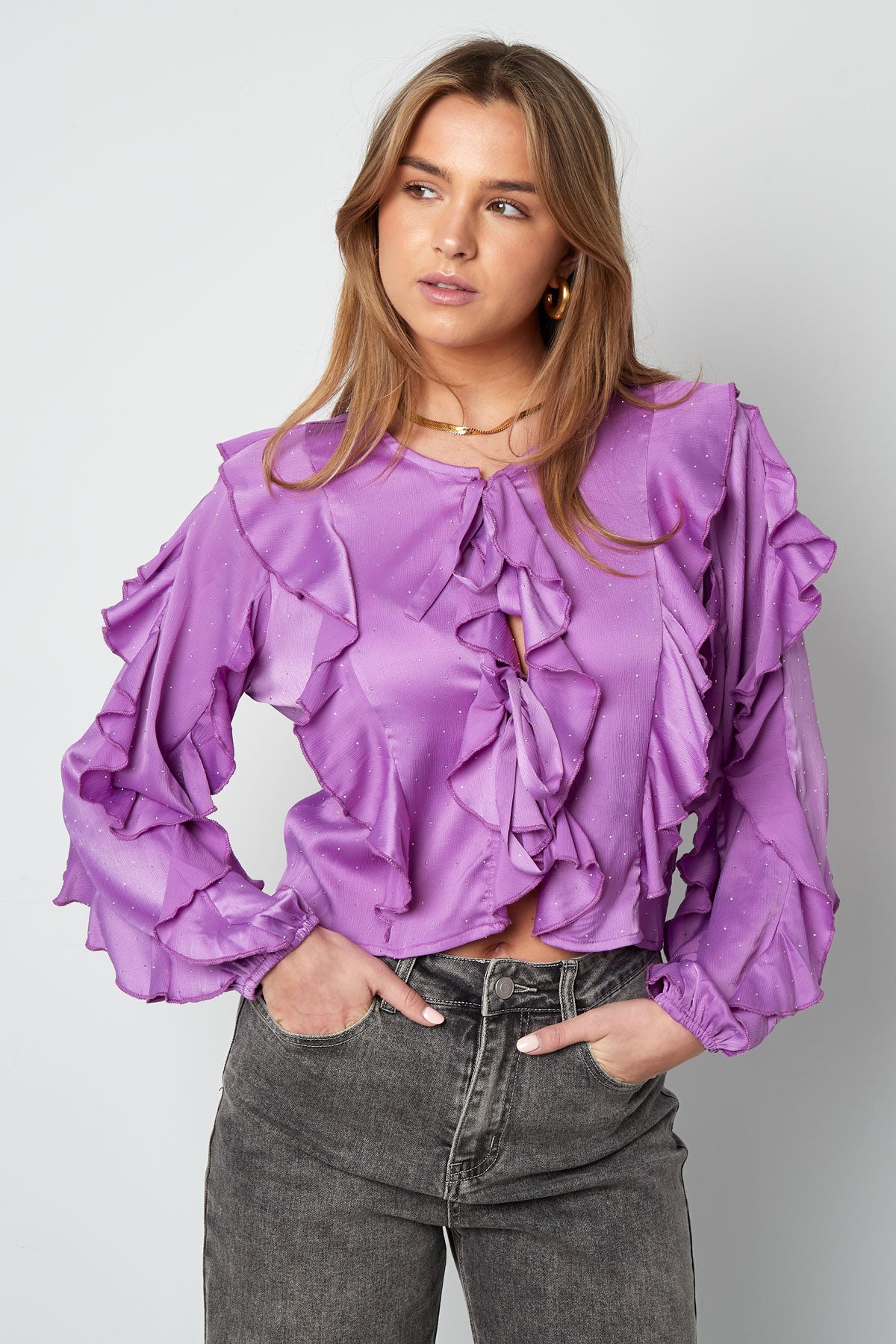 Damen Langarmshirt Rüschen Bindung | Polyester | Mehrfarbig