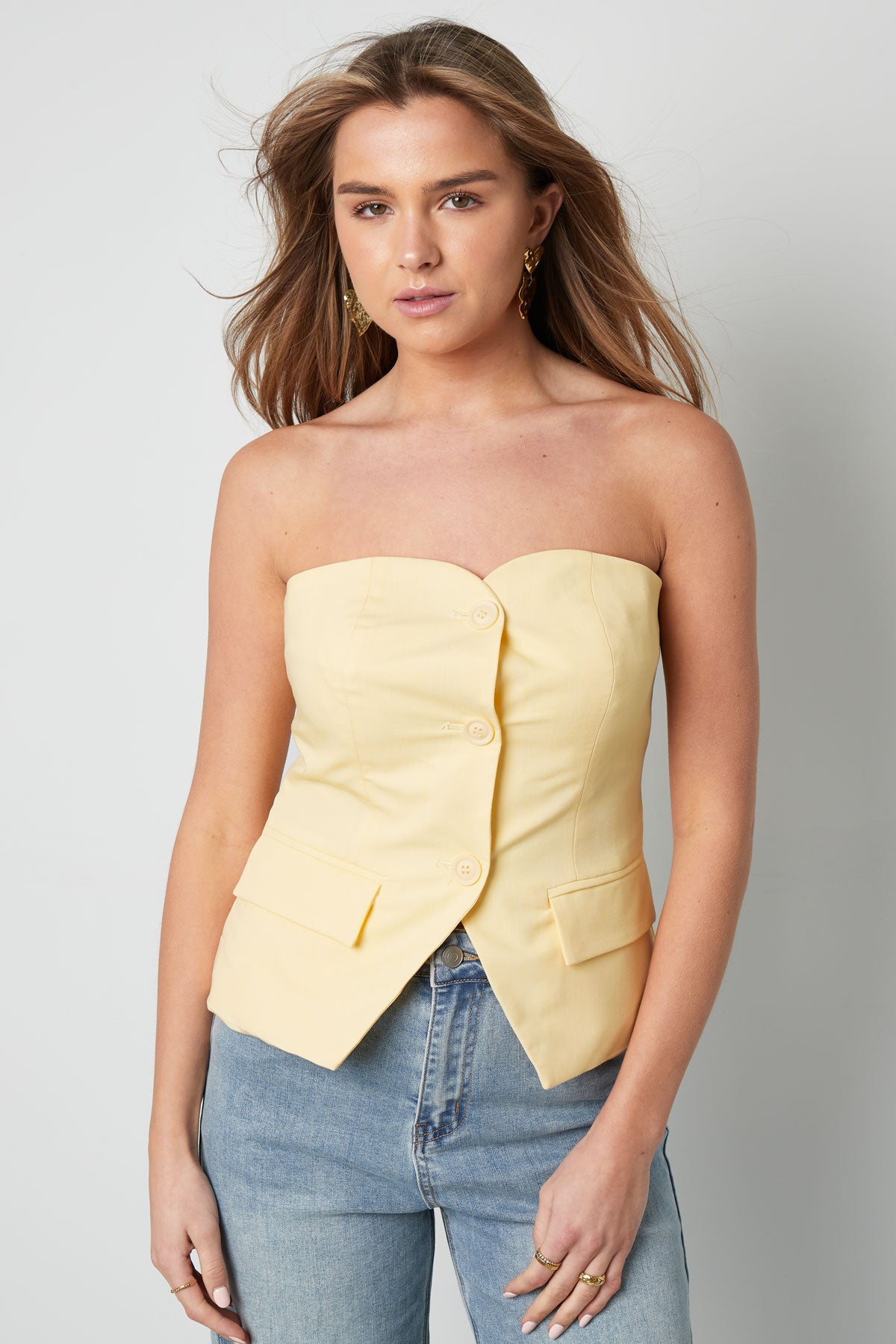 Damen Top Strukturiert Knopfdesign | Polyester | Mehrfarbig