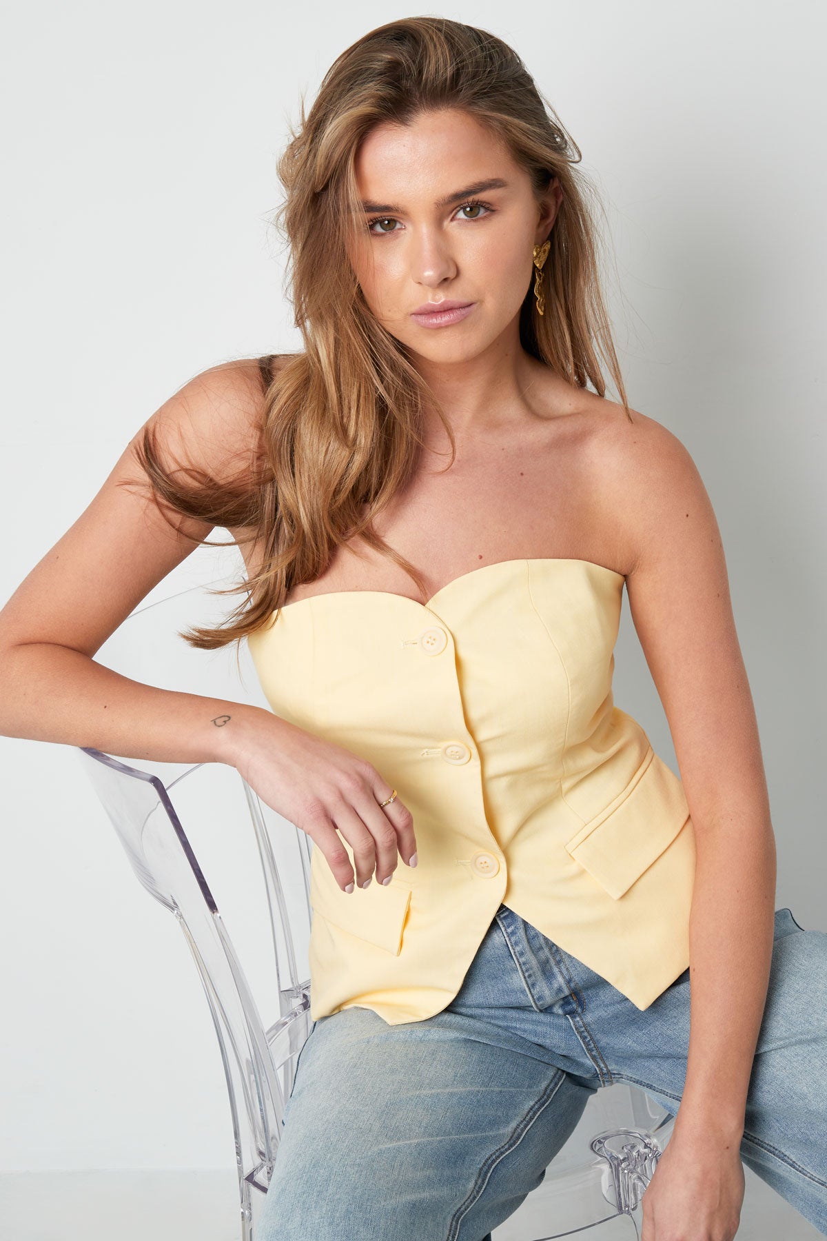 Damen Top Strukturiert Knopfdesign | Polyester | Mehrfarbig