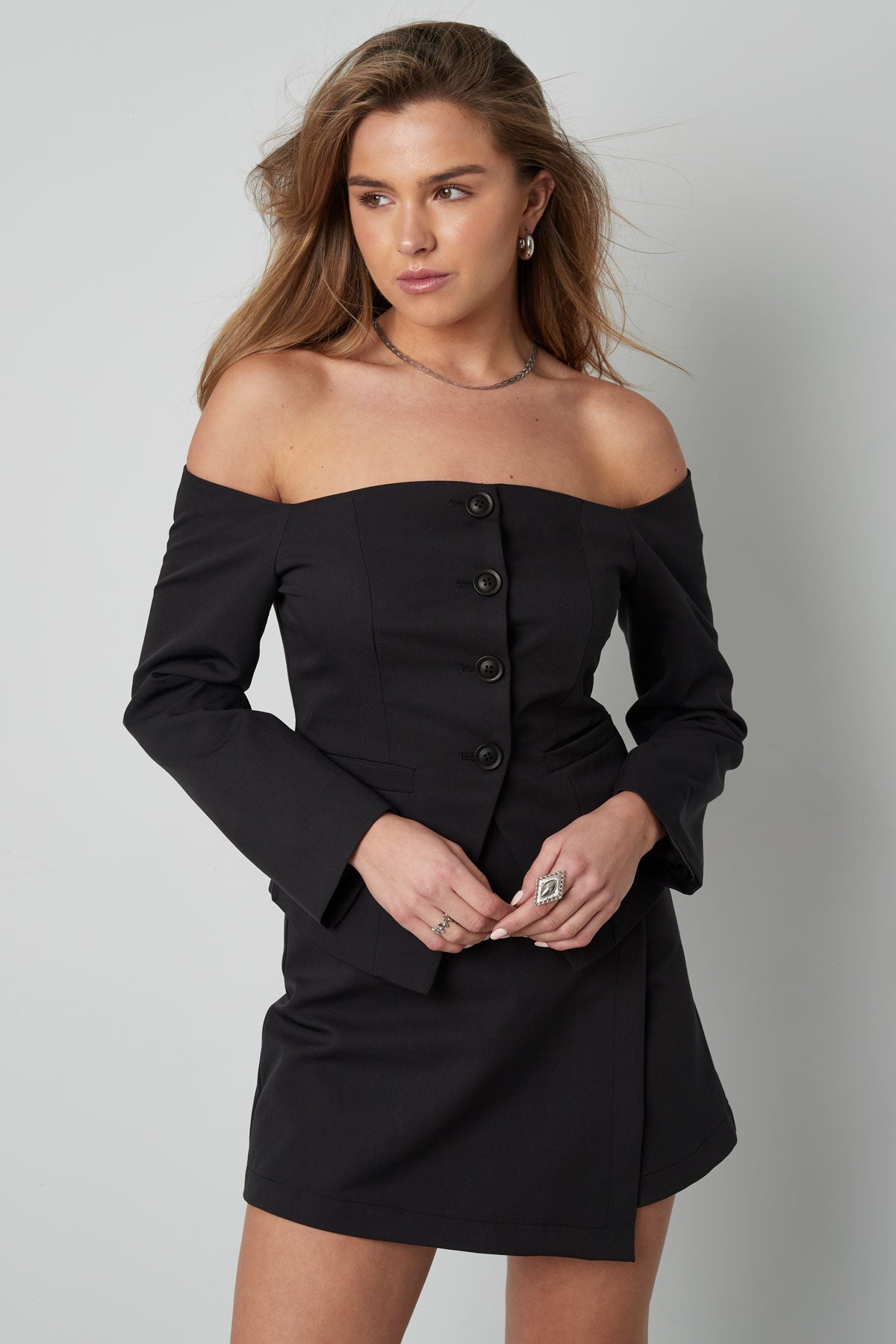 damen top off-shoulder knopfleiste | polyester | mehrfarbig