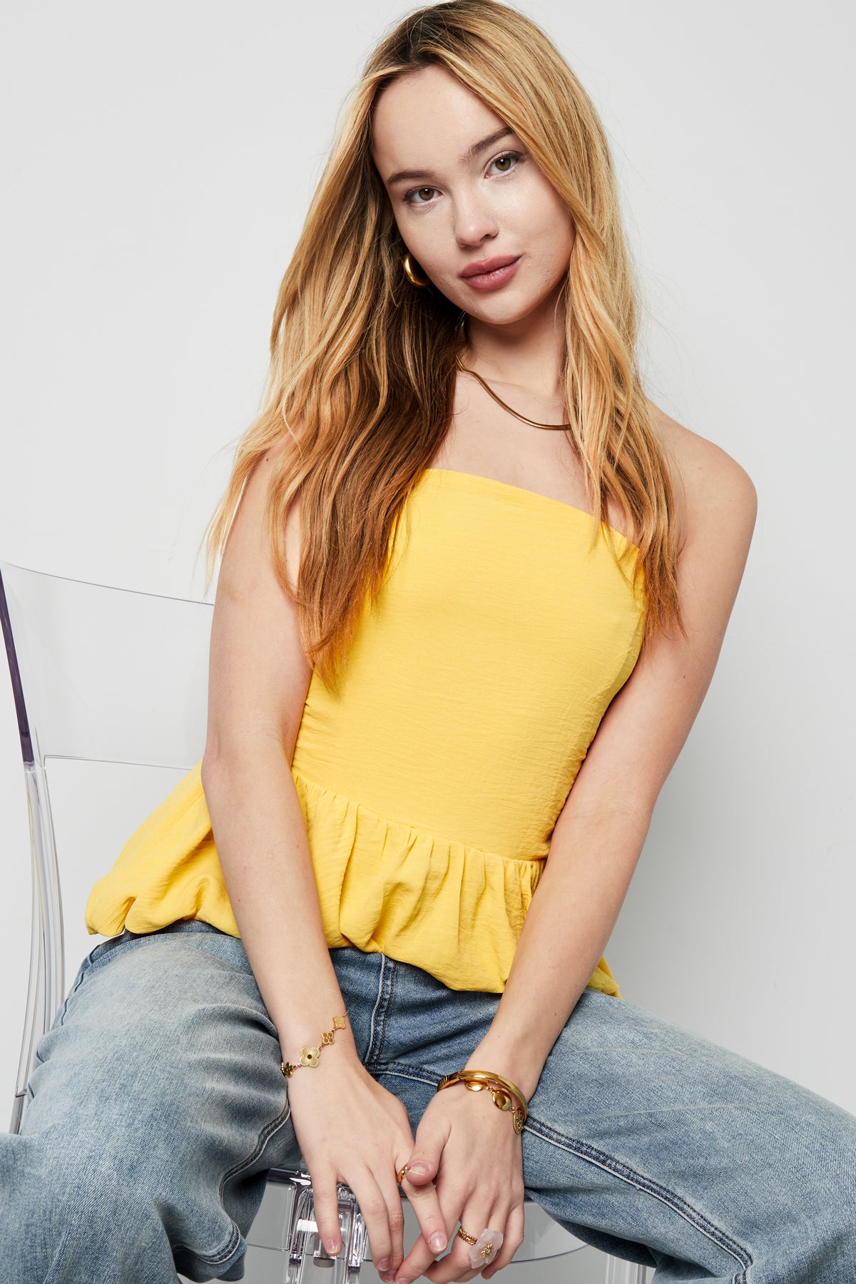 Damen Top Volant Trägerlos | Polyester | Mehrfarbig