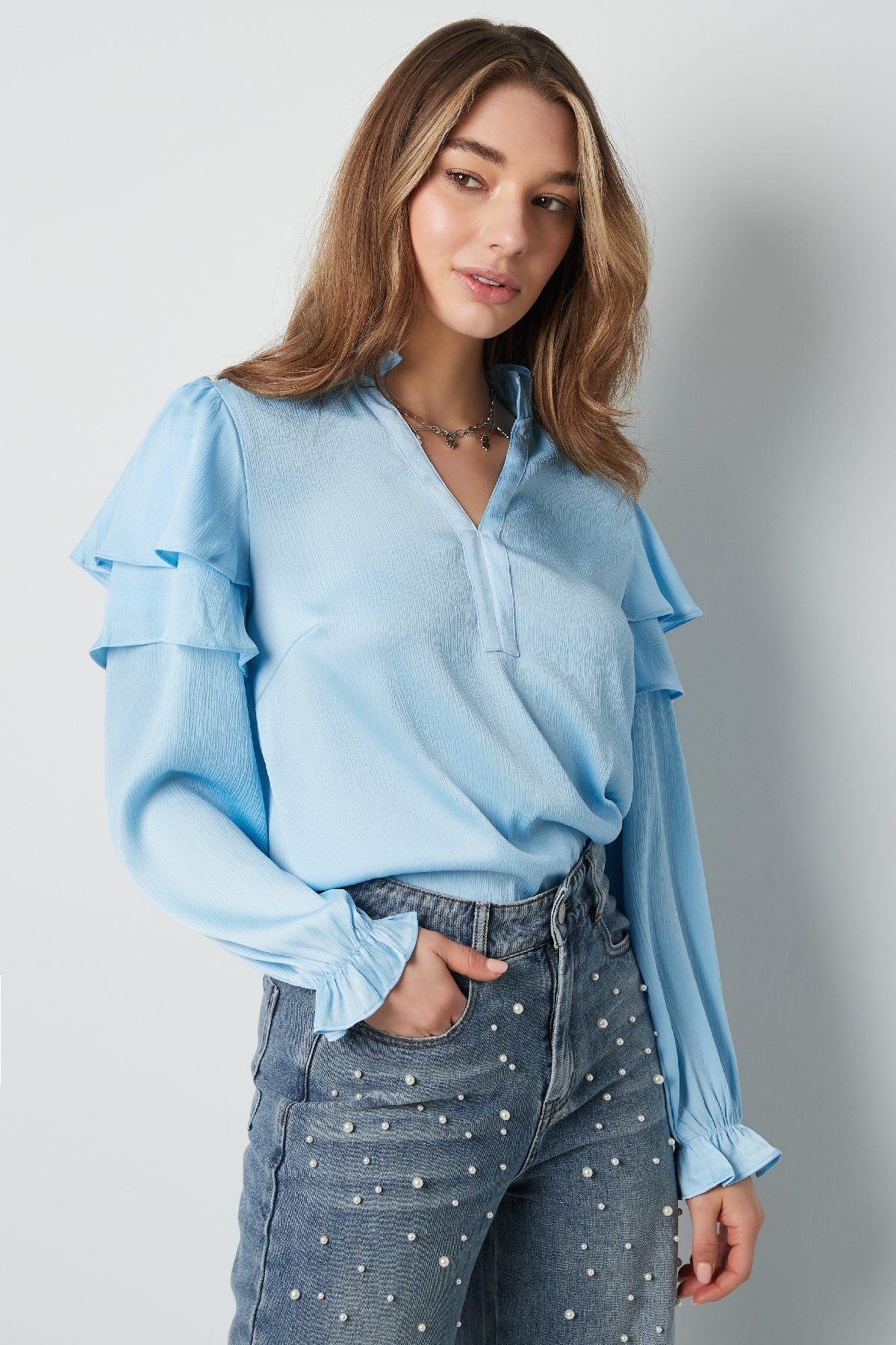 damen langarmshirt volant v-ausschnitt | polyester | mehrfarbig