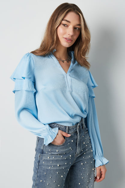 Damen Langarmshirt Volant V-Ausschnitt | Polyester | Mehrfarbig