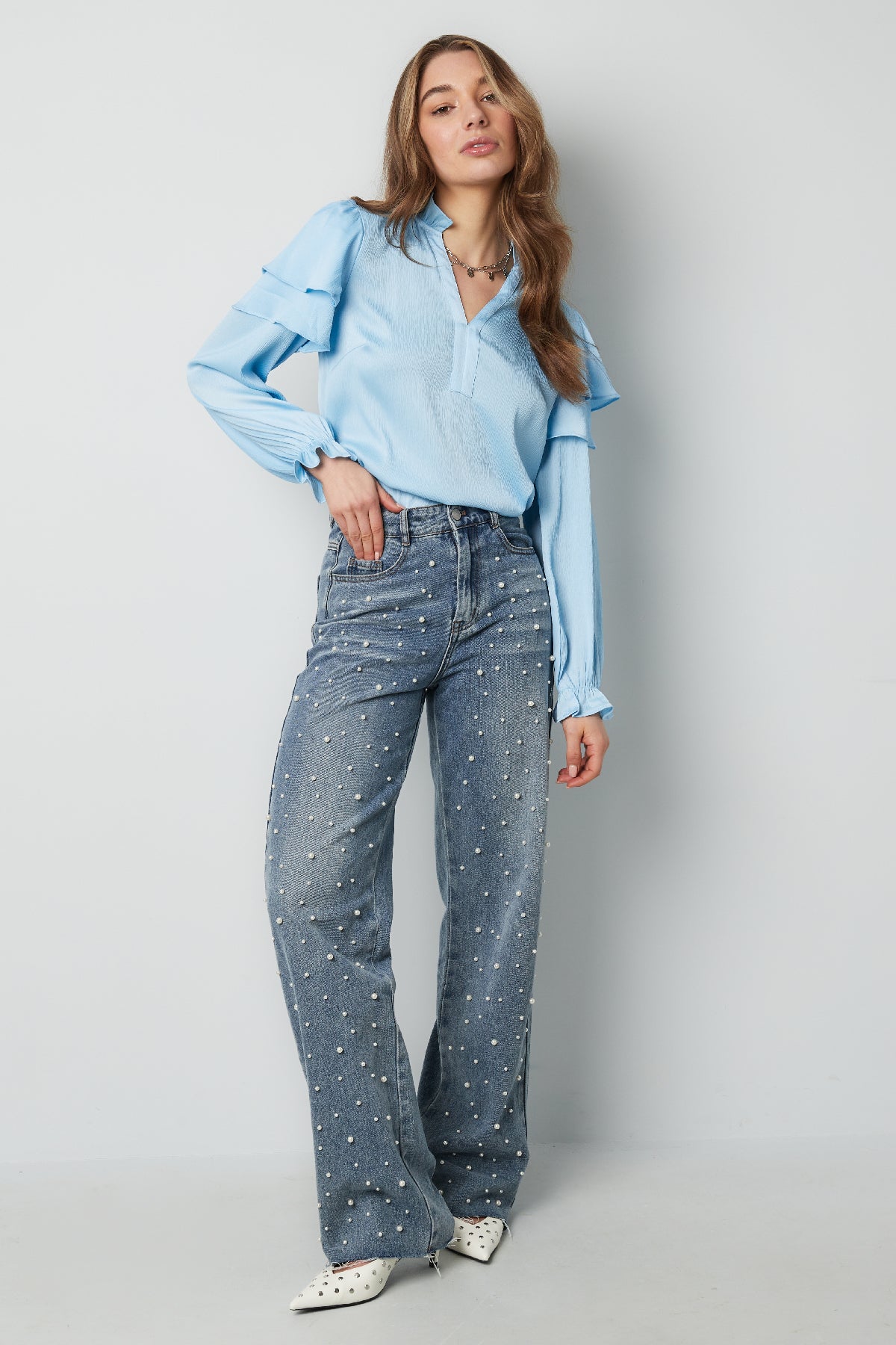 Damen Langarmshirt Volant V-Ausschnitt | Polyester | Mehrfarbig