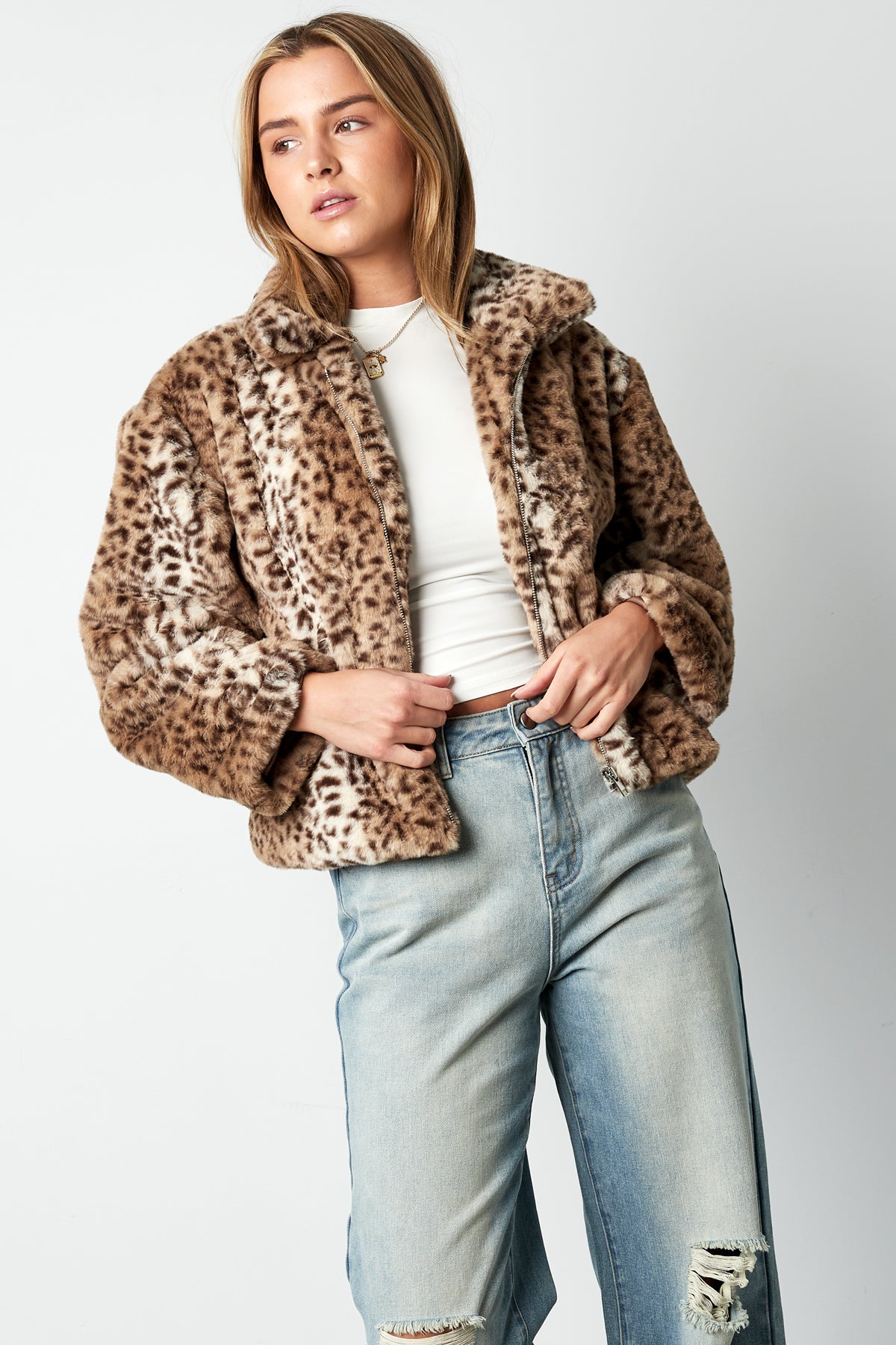 damen jacke kunstfell leopard | polyester | beige