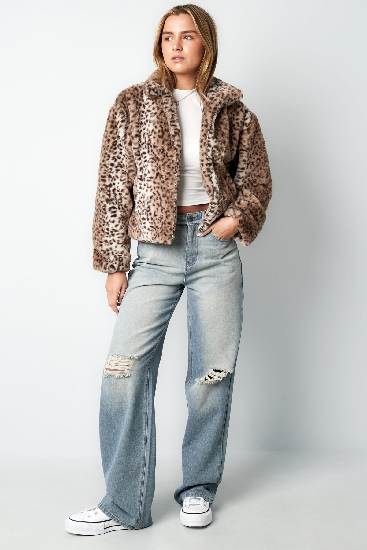 damen jacke kunstfell leopard | polyester | beige