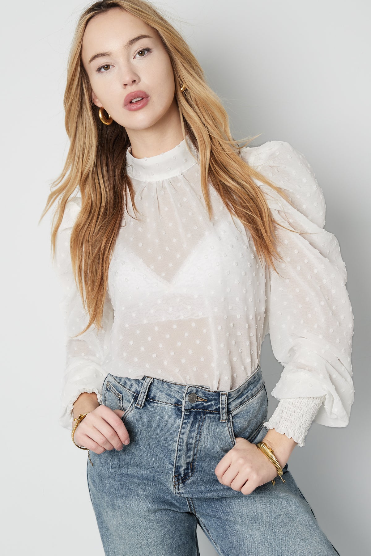 Damen Langarmshirt Puffärmel Hoher Kragen | Polyester | Mehrfarbig