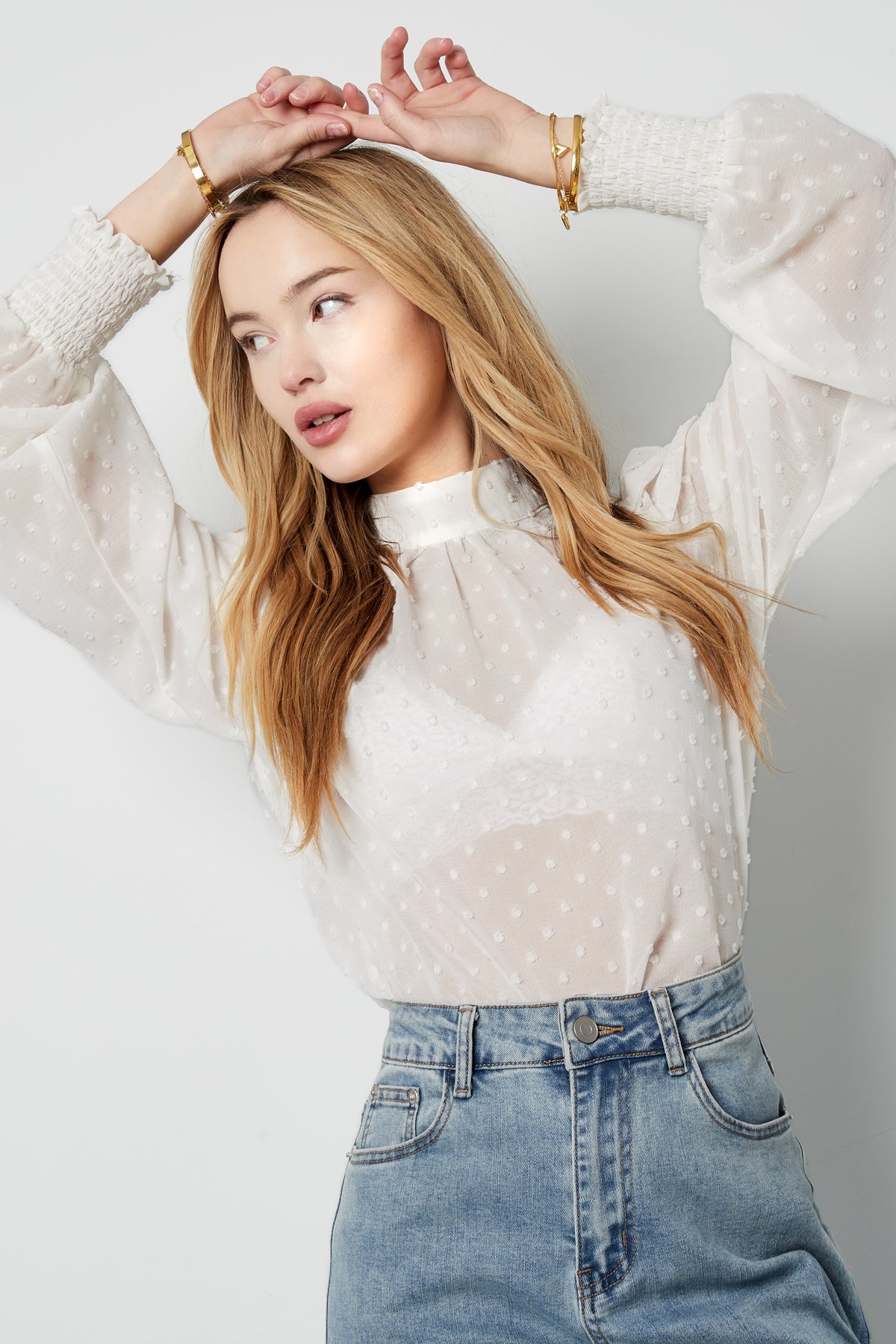 damen langarmshirt puffärmel hoher kragen | polyester | mehrfarbig