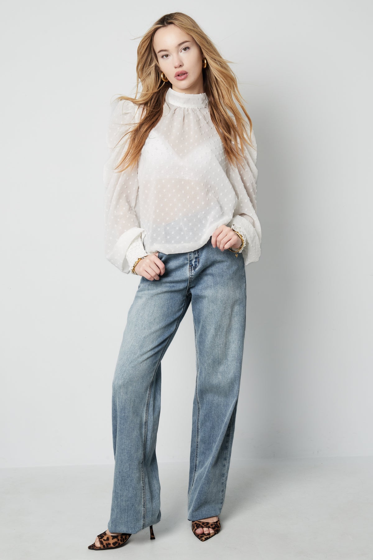 damen langarmshirt puffärmel hoher kragen | polyester | mehrfarbig