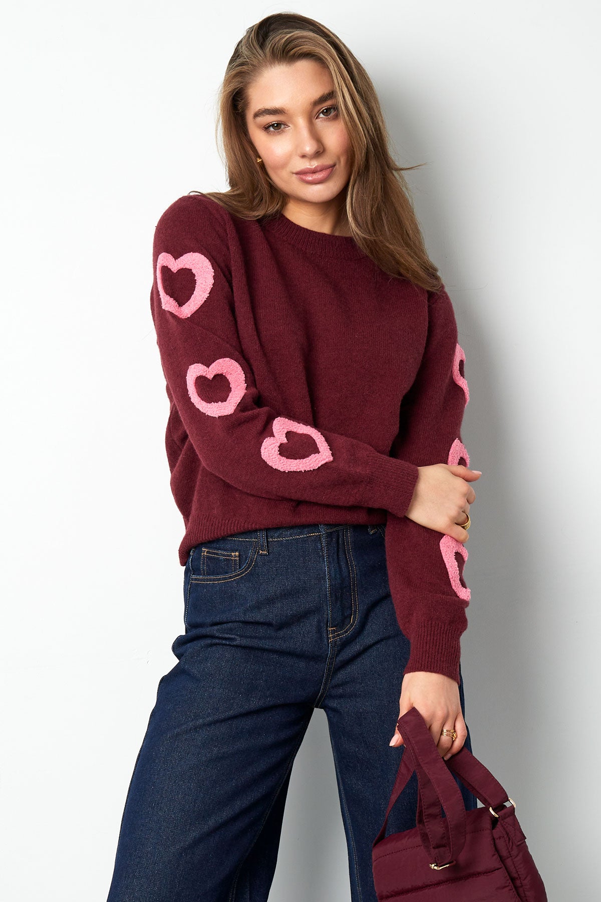 Damen Pullover Rundhals Herzmuster | Wollmischung | Mehrfarbig