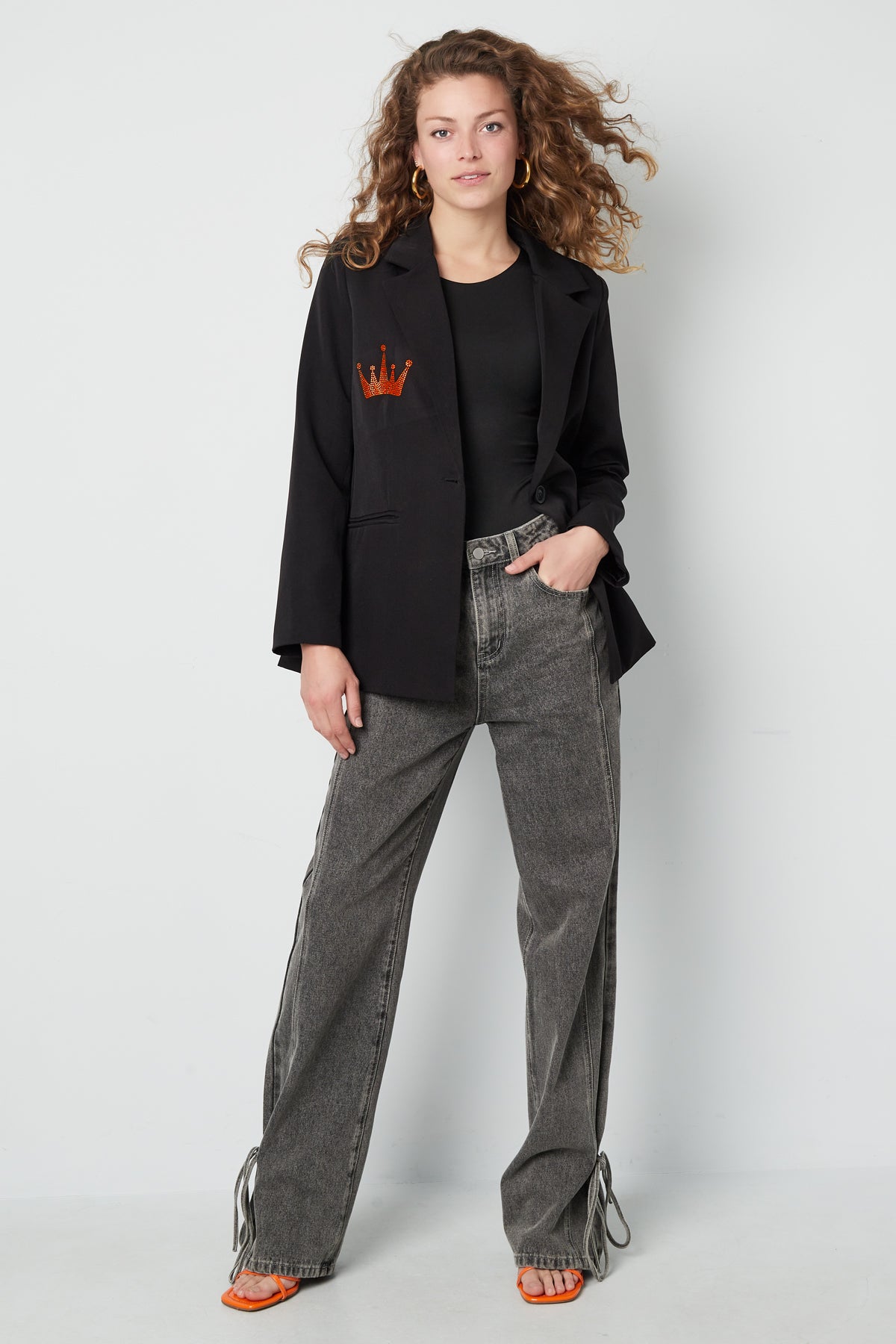 damen anzugjacke krone-stickerei | polyester | schwarz