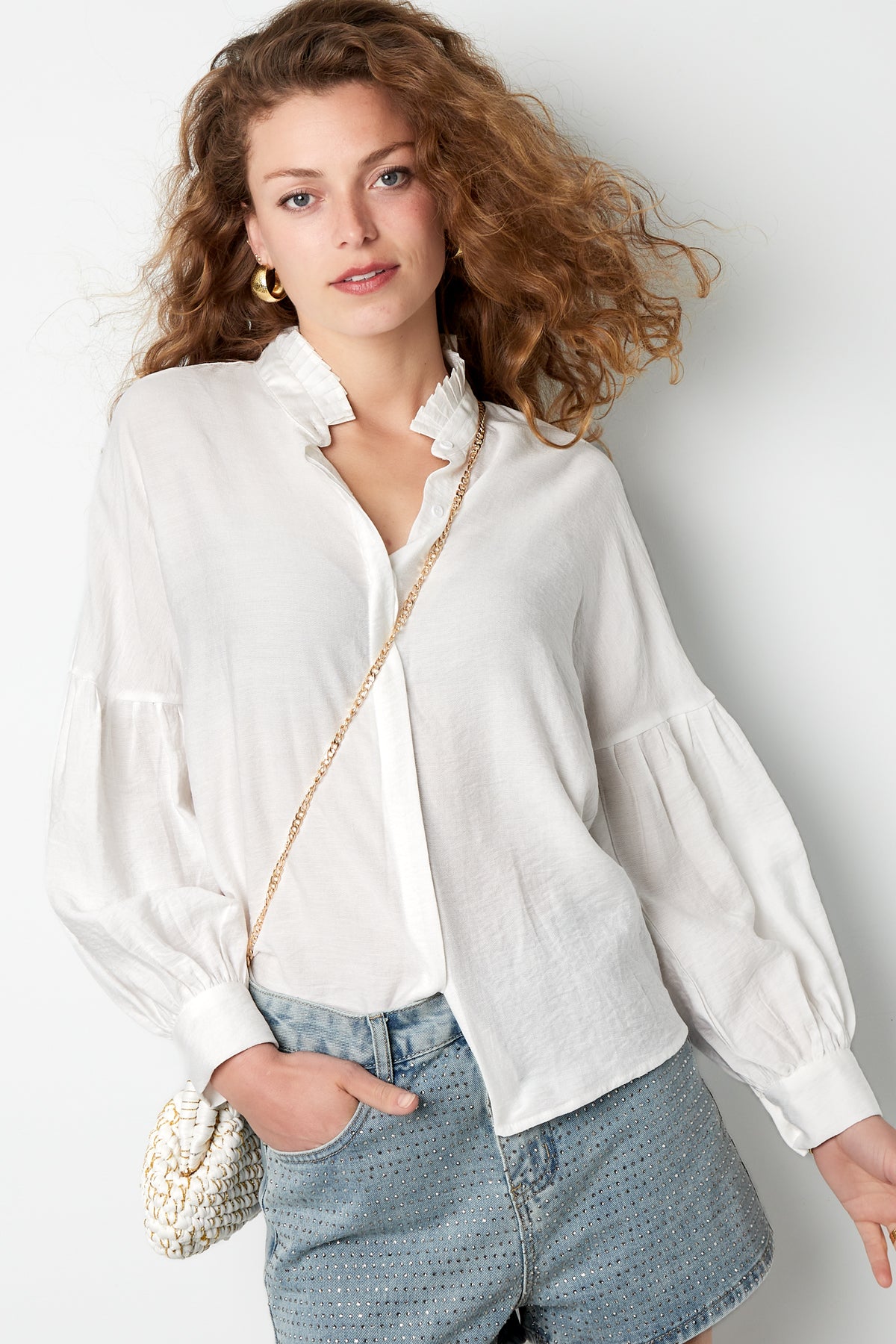 viskose damen-bluse puffärmel stehkragen