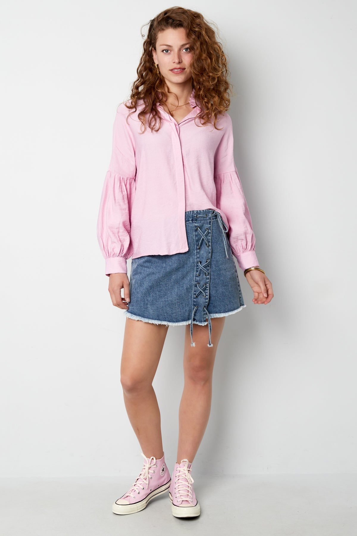Viskose Damen-Bluse Puffärmel Stehkragen