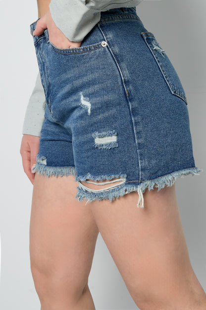 Damen Denim Shorts Hoher Bund Fransensaum | Denim | Blau