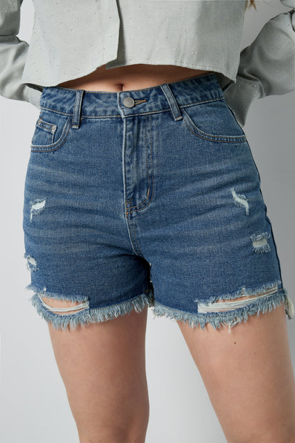 Damen Denim Shorts Hoher Bund Fransensaum | Denim | Blau