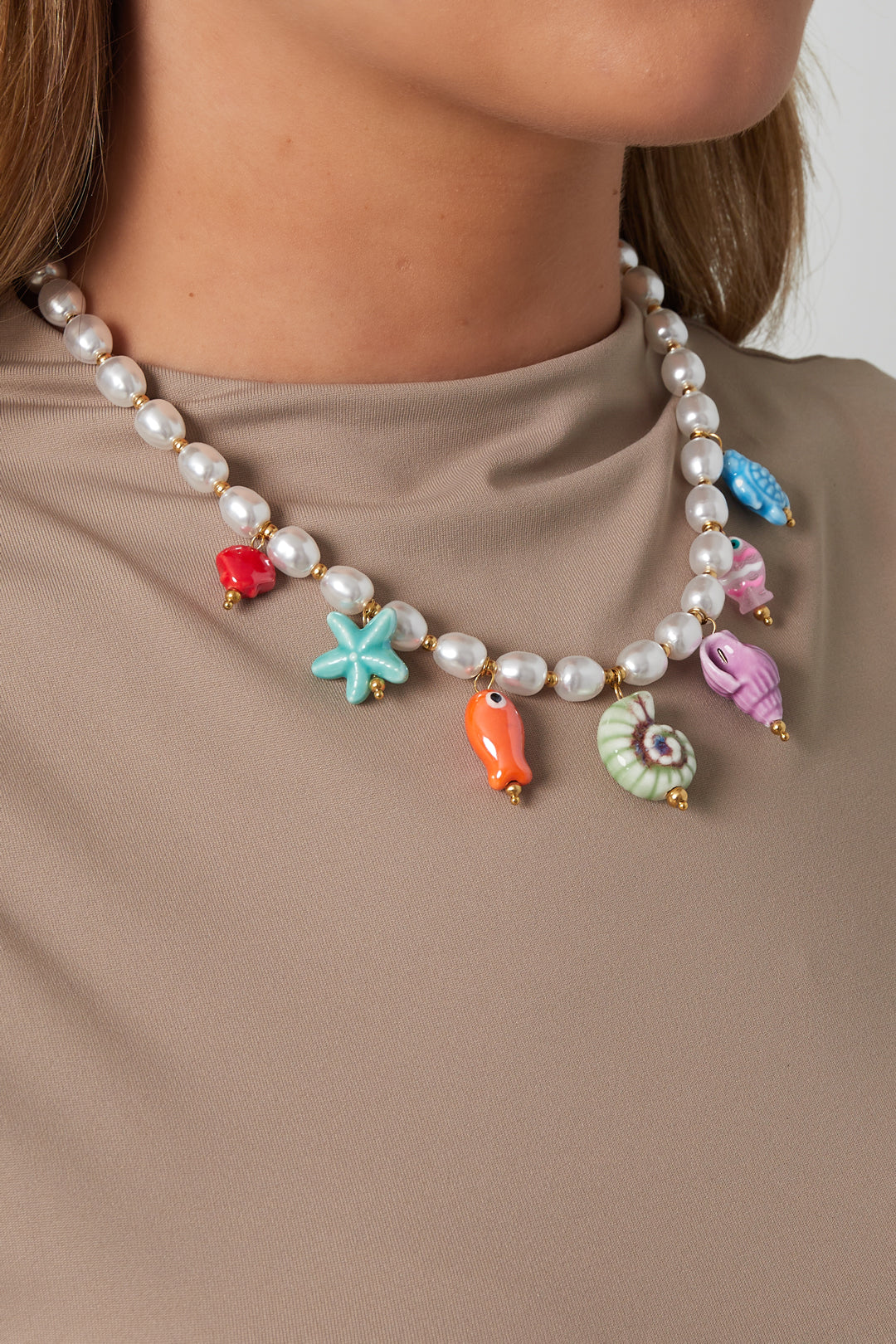 Damen Halskette Schildkröte Imitationsperlen | Edelstahl | Mehrfarbig