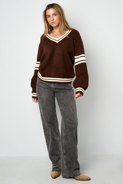 Damen Pullover V-Ausschnitt Kontraststreifen | Polyester | Mehrfarbig