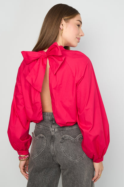 Damen Top Schleife Offener Rücken | Baumwolle | Wassermelonenrot