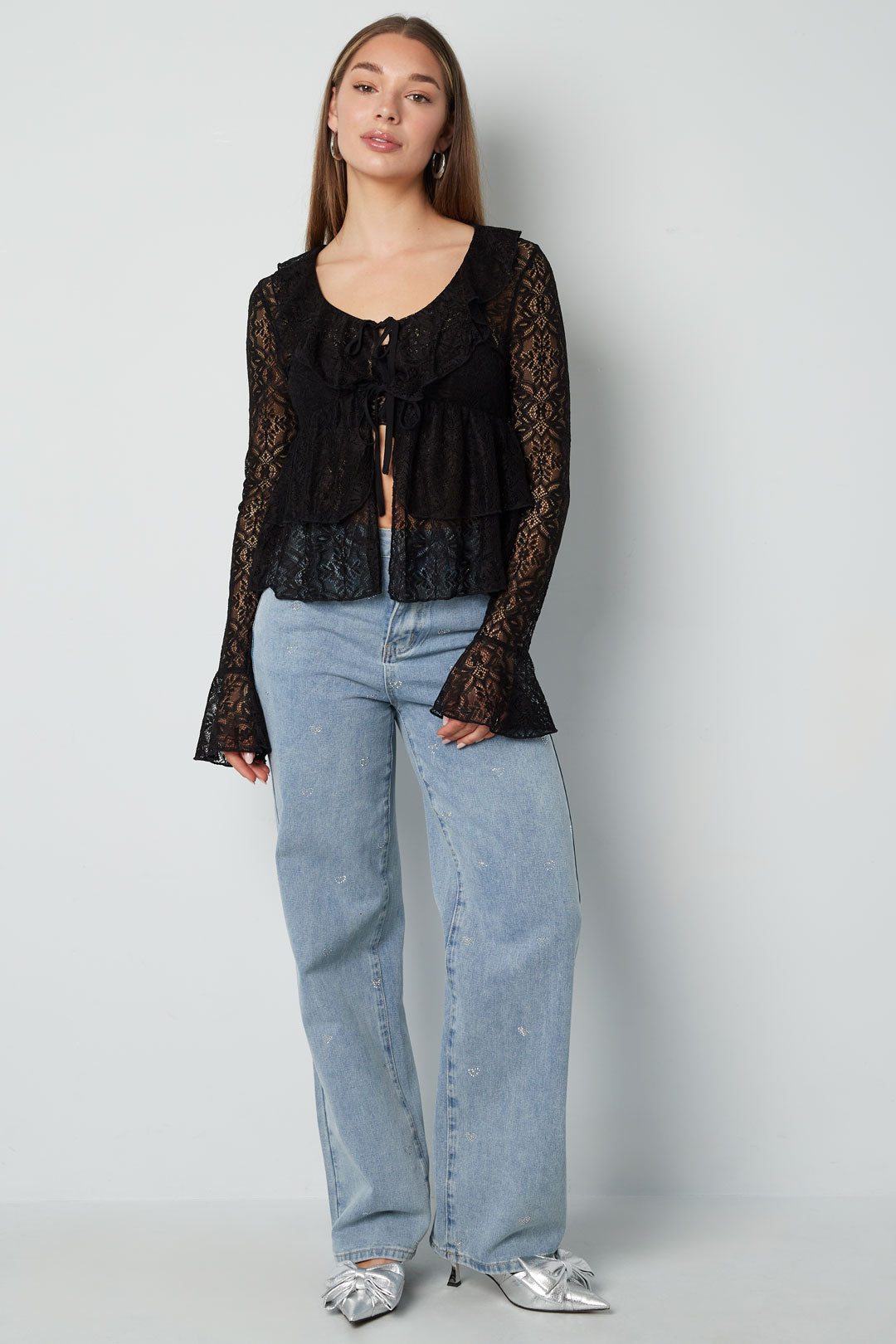 Damen Top Spitze Volant Langarm | Spitze | Mehrfarbig