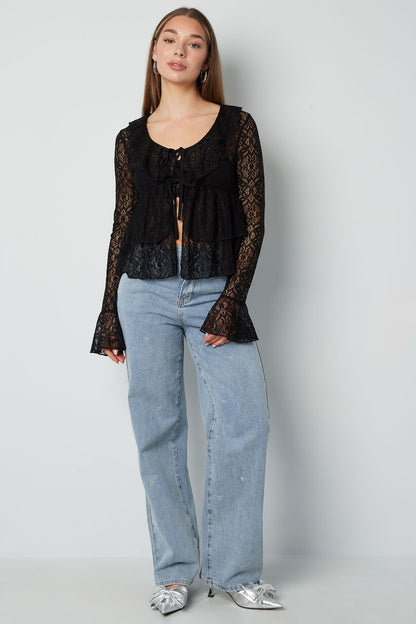 Damen Top Spitze Volant Langarm | Spitze | Mehrfarbig