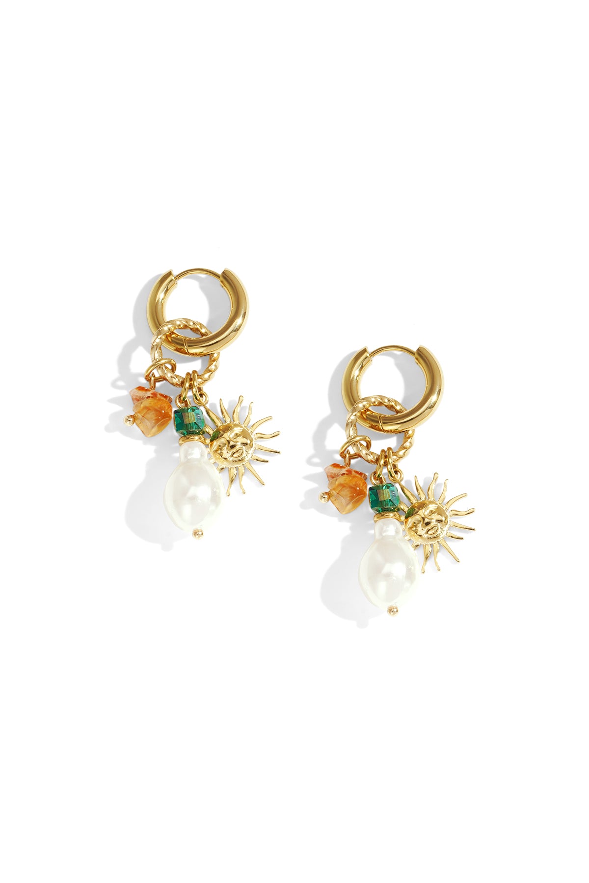 Damen Ohrhaenger Sonne & Perle | Edelstahl | Goldfarbe