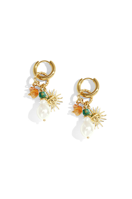 Damen Ohrhaenger Sonne & Perle | Edelstahl | Goldfarbe