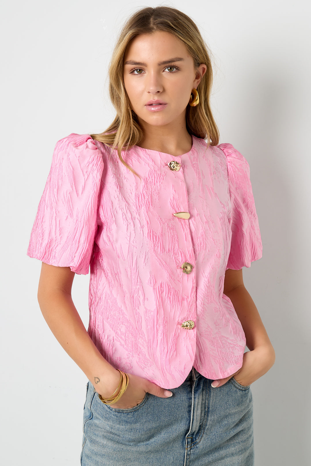 Damen Top Kurzarm Unifarben | Polyester | Rosa