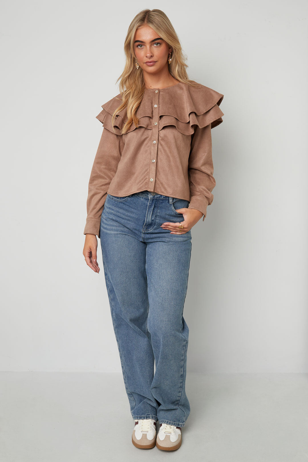 woven polyester fiber damen bluse elegant ruffle trim