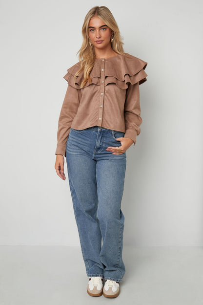 Woven Polyester Fiber Damen Bluse Elegant Ruffle Trim