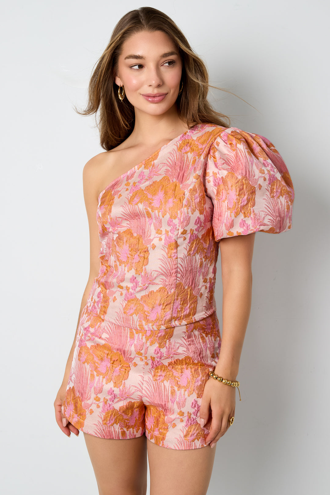 Damen Top Ein-Schulter Blumenmuster | Polyester | Orange