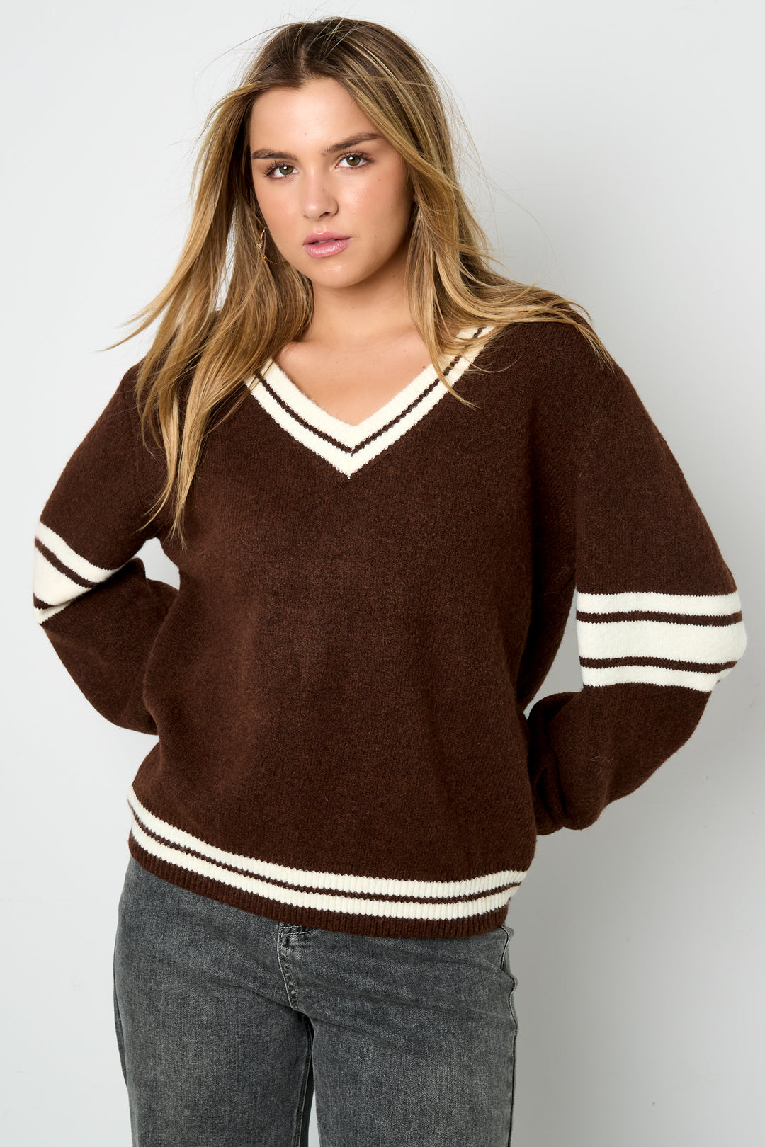 Damen Pullover V-Ausschnitt Kontraststreifen | Polyester | Mehrfarbig