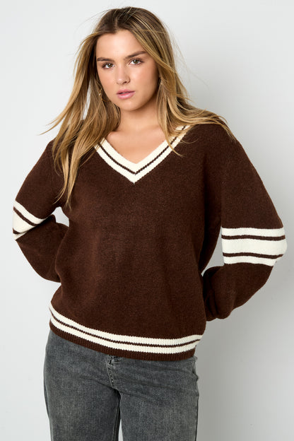 Damen Pullover V-Ausschnitt Kontraststreifen | Polyester | Mehrfarbig