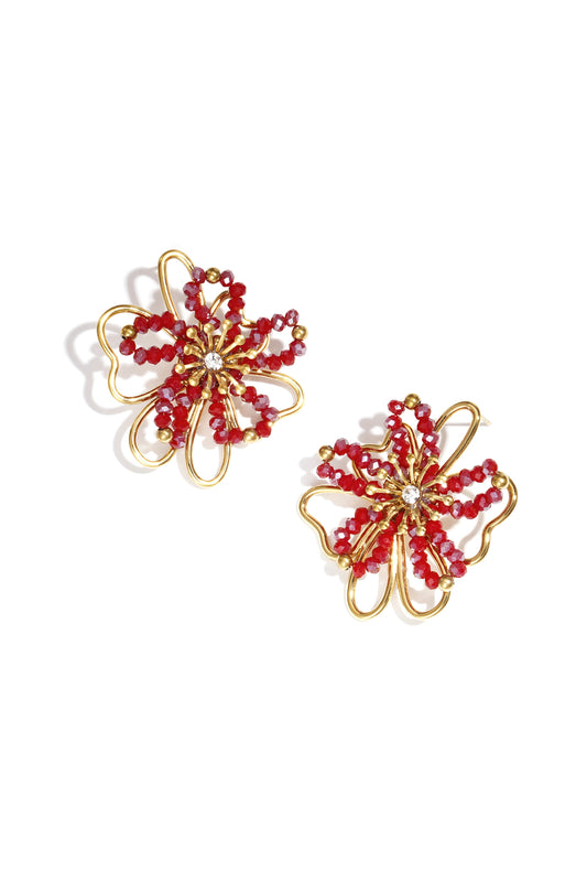 Damen Ohrstecker Blume Kristall | Edelstahl | Orange & Weinrot