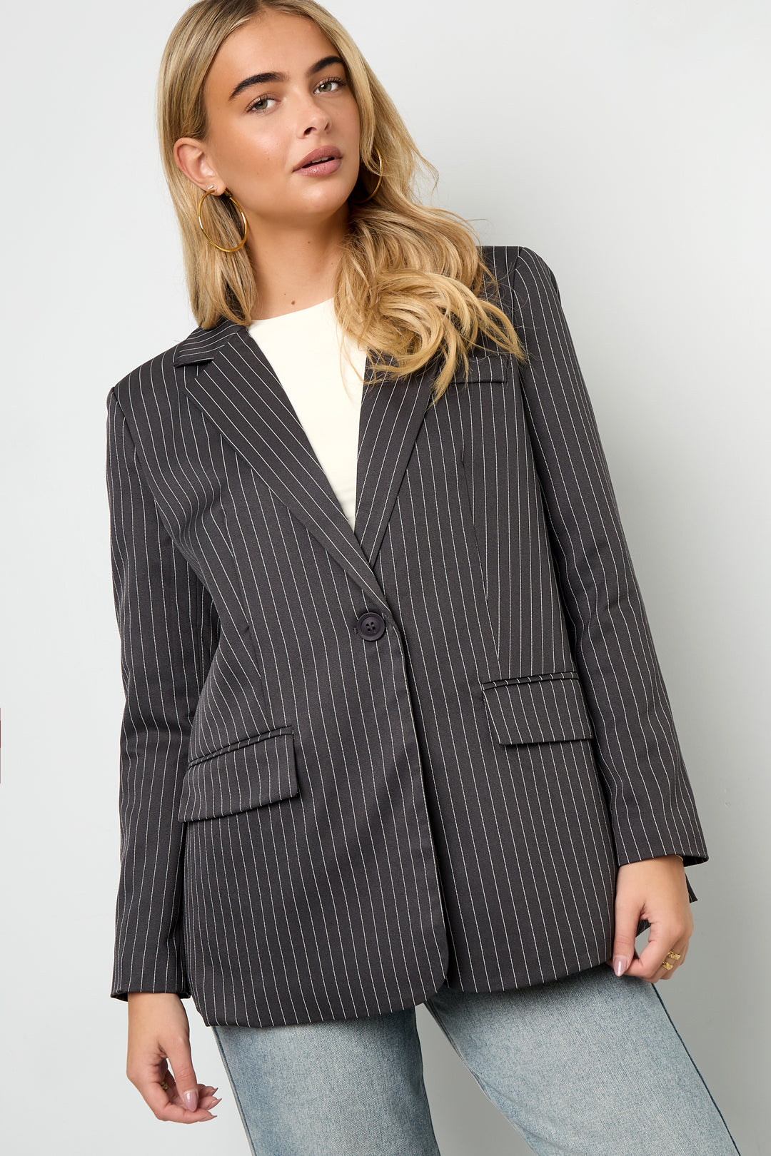 Damen Blazer Asymmetrisch | Streifen | Dunkelgrau & Braun