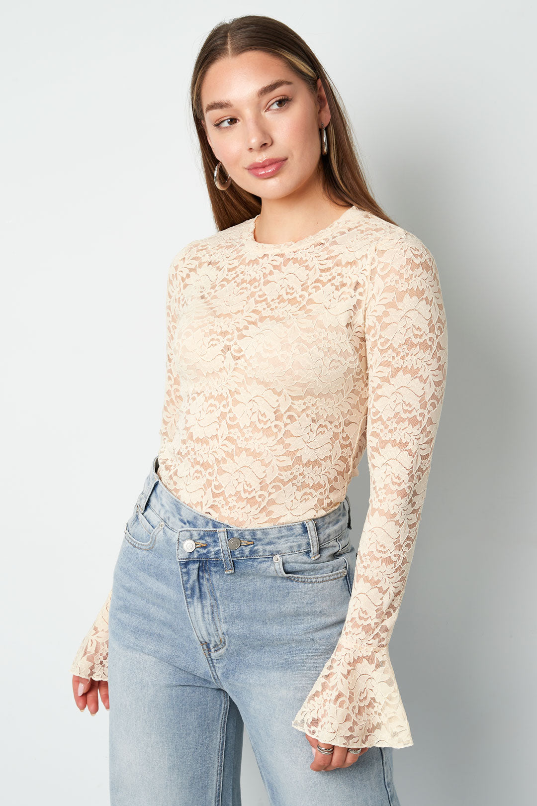 damen langarmshirt spitzenpaneel | polyester | mehrfarbig
