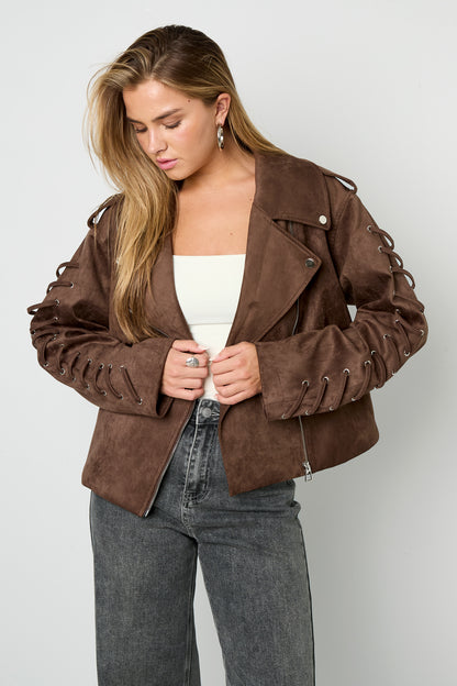 Damen Jacke Bindeband | Polyester | Kamel & Dunkelbraun