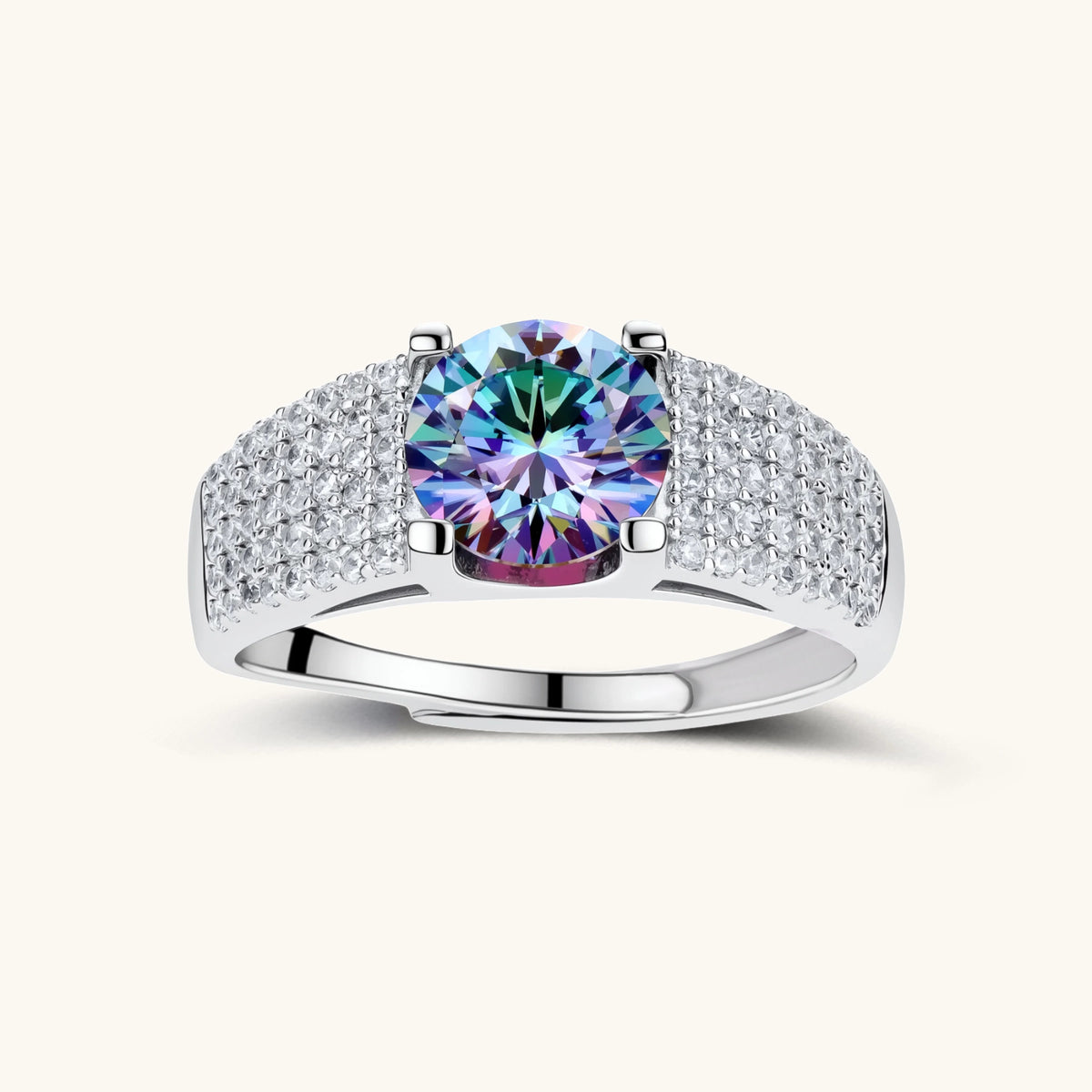 sterling silver adjustable ring with brilliant round moissanite center stone and pavé diamond band showing rainbow fire