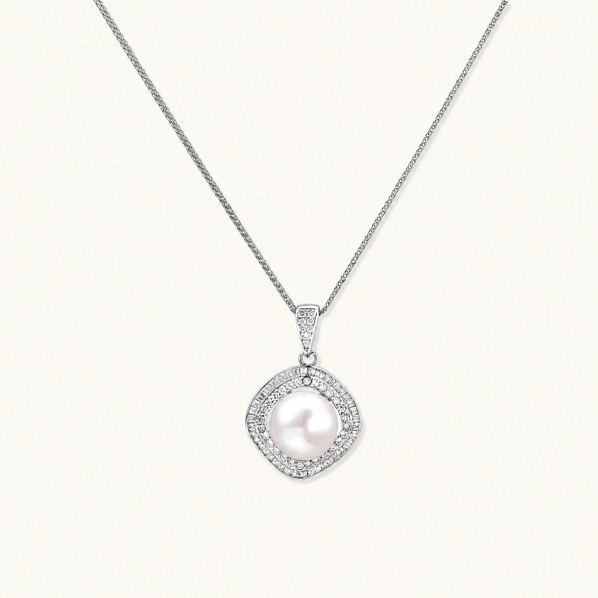 cushion-shaped double halo pendant with 10mm freshwater pearl center on rhodium-plated sterling silver chain