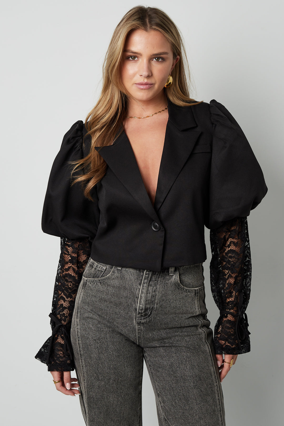 damen blazer puffärmel & spitze | baumwolle | hellrosa