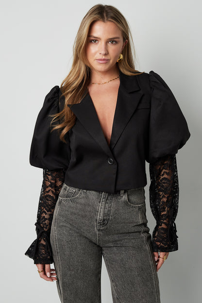 Damen Blazer Puffärmel & Spitze | Baumwolle | Hellrosa