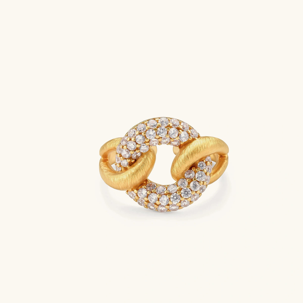 adjustable 18k gold-plated open cuff ring with interlocking chain links, one brushed gold, one pavé-set cubic zirconia. s925 stamped.