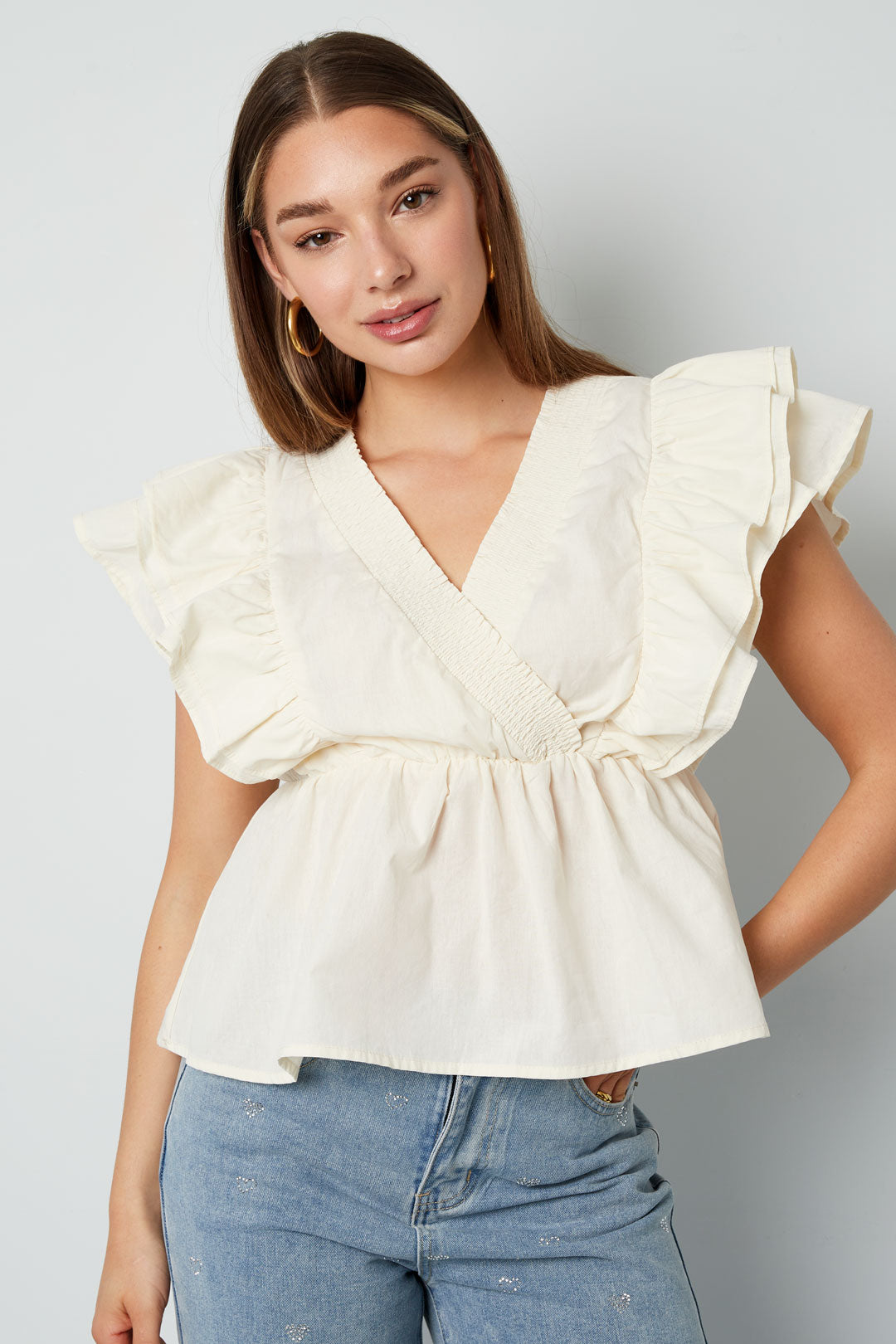 damen bluse ärmellos rüschen | polyester | mehrfarbig